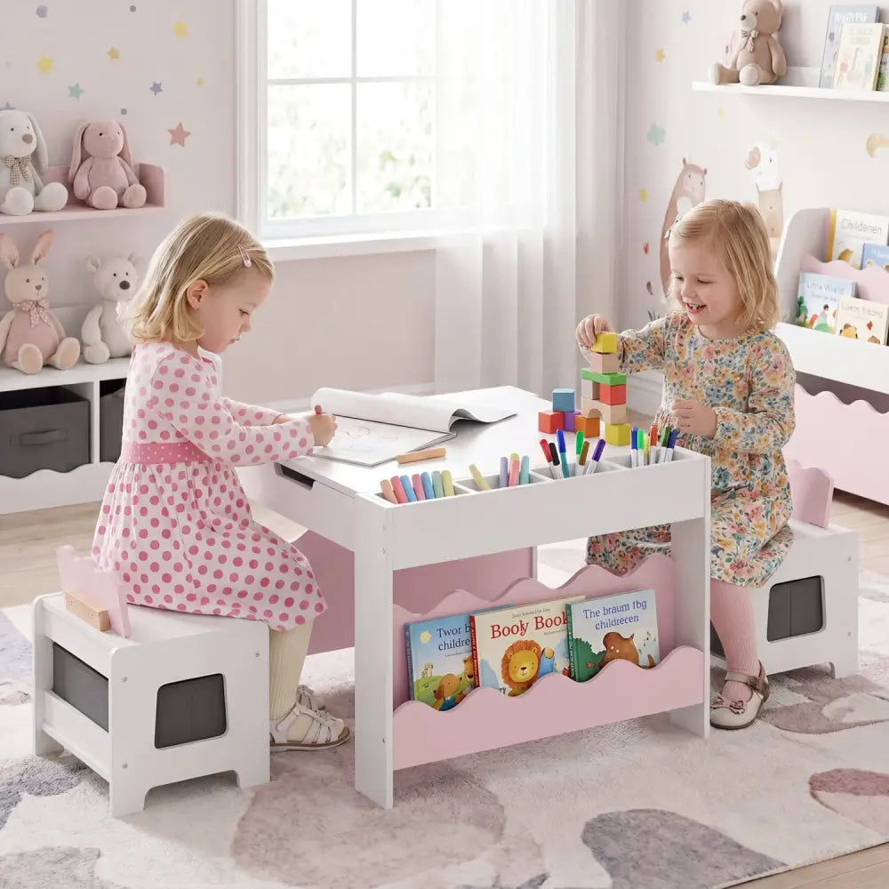 Multi-purpose Activity Kids Table and Chairs Set with Double-sided Tabletop-Pink - Pink - Kids Table & Chair Sets