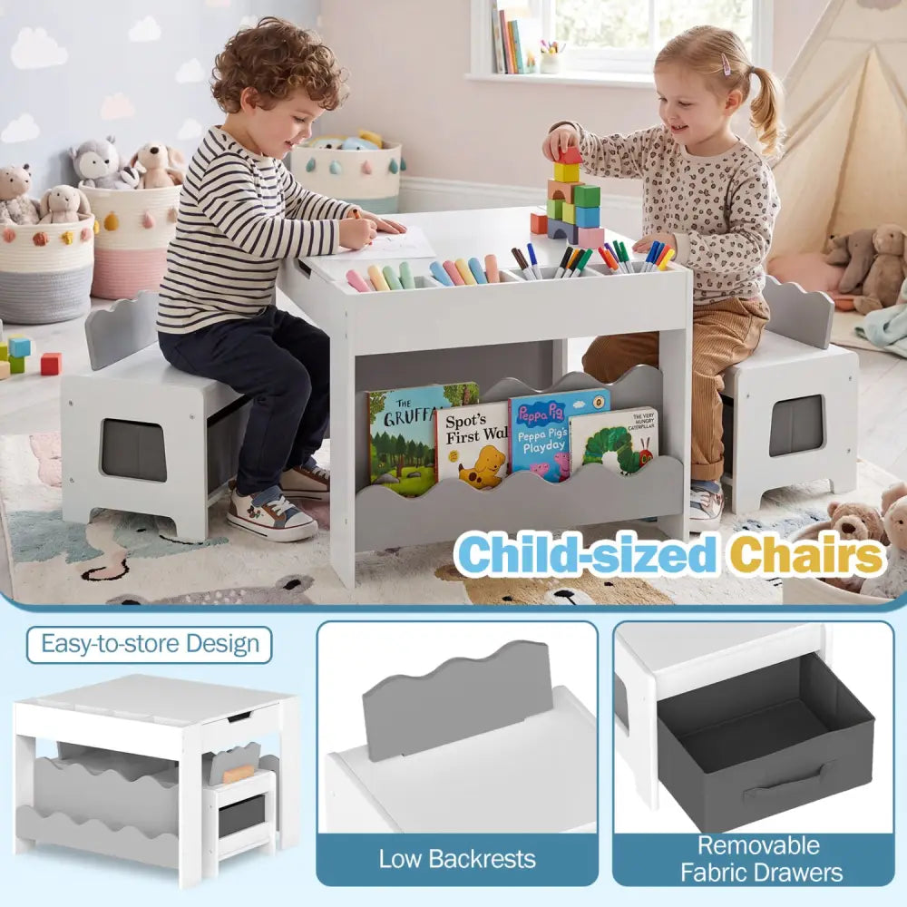 Multi-purpose Activity Kids Table and Chairs Set with Double-sided Tabletop-Gray - Gray - Kids Table & Chair Sets