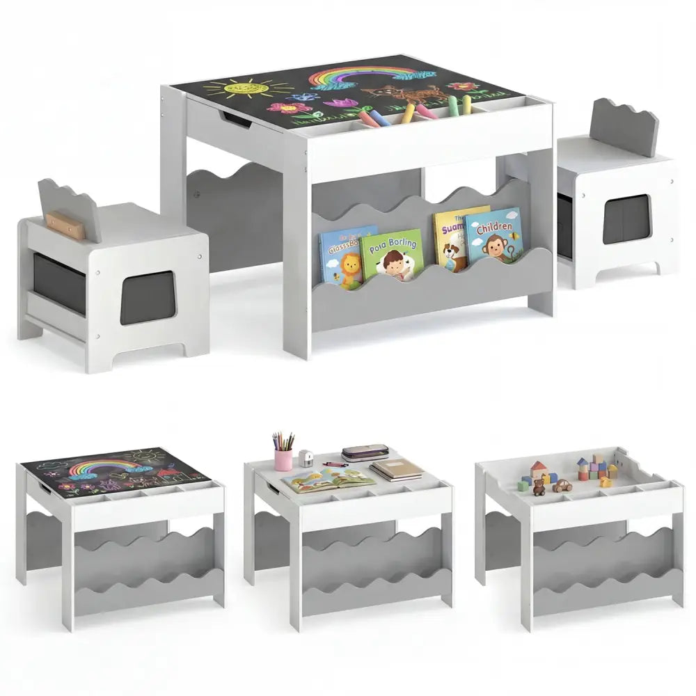 Multi-purpose Activity Kids Table and Chairs Set with Double-sided Tabletop-Gray - Gray - Kids Table & Chair Sets