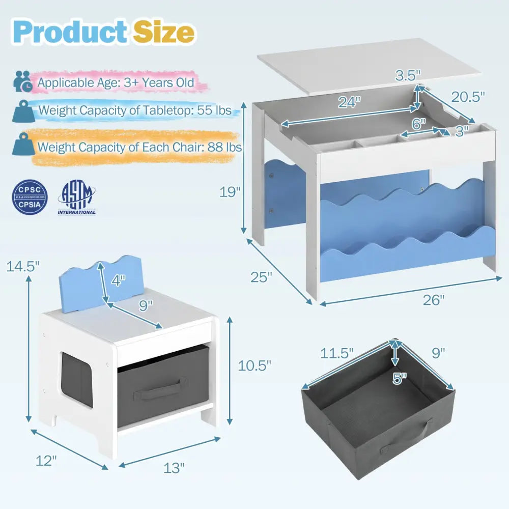Multi-purpose Activity Kids Table and Chairs Set with Double-sided Tabletop-Blue - Blue - Kids Table & Chair Sets