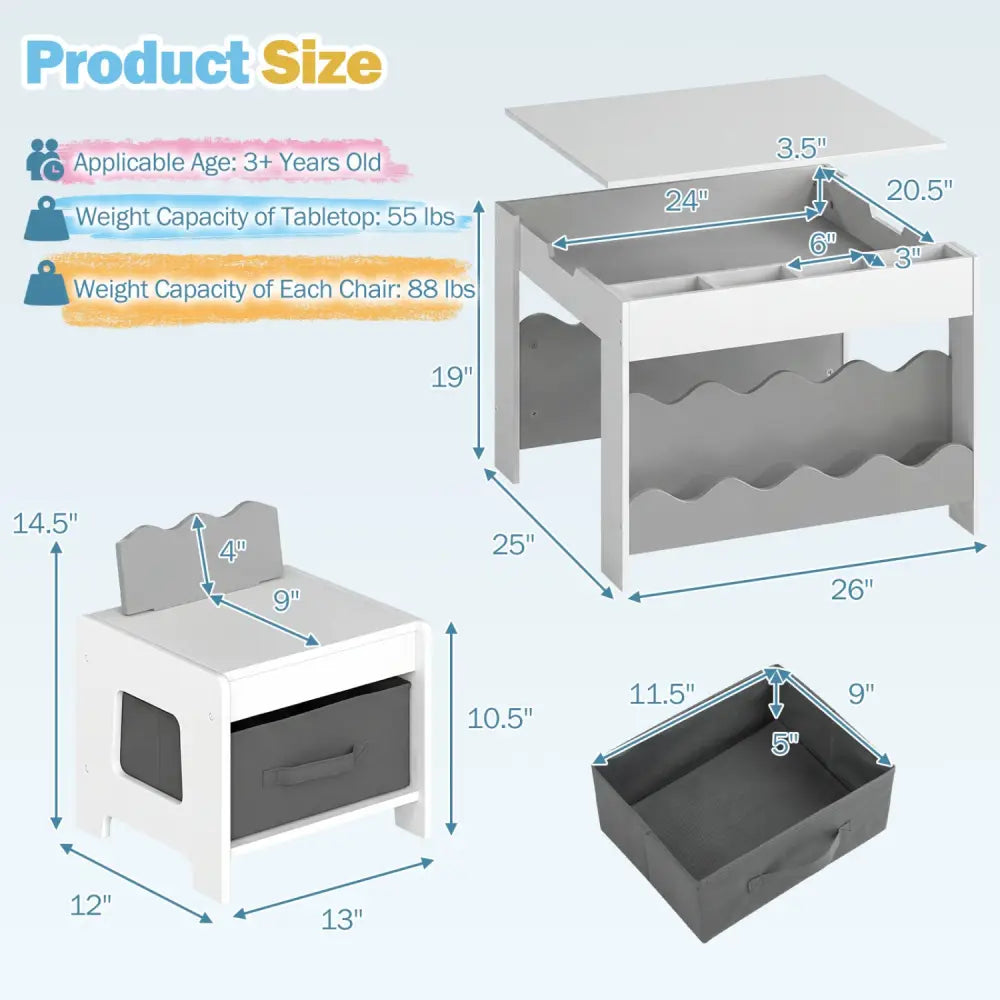 Multi-purpose Activity Kids Table and Chairs Set with Double-sided Tabletop-Gray - Gray - Kids Table & Chair Sets