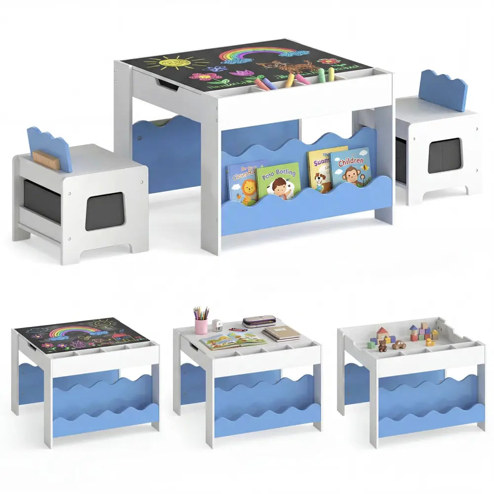 Multi-purpose Activity Kids Table and Chairs Set with Double-sided Tabletop-Blue - Blue - Kids Table & Chair Sets