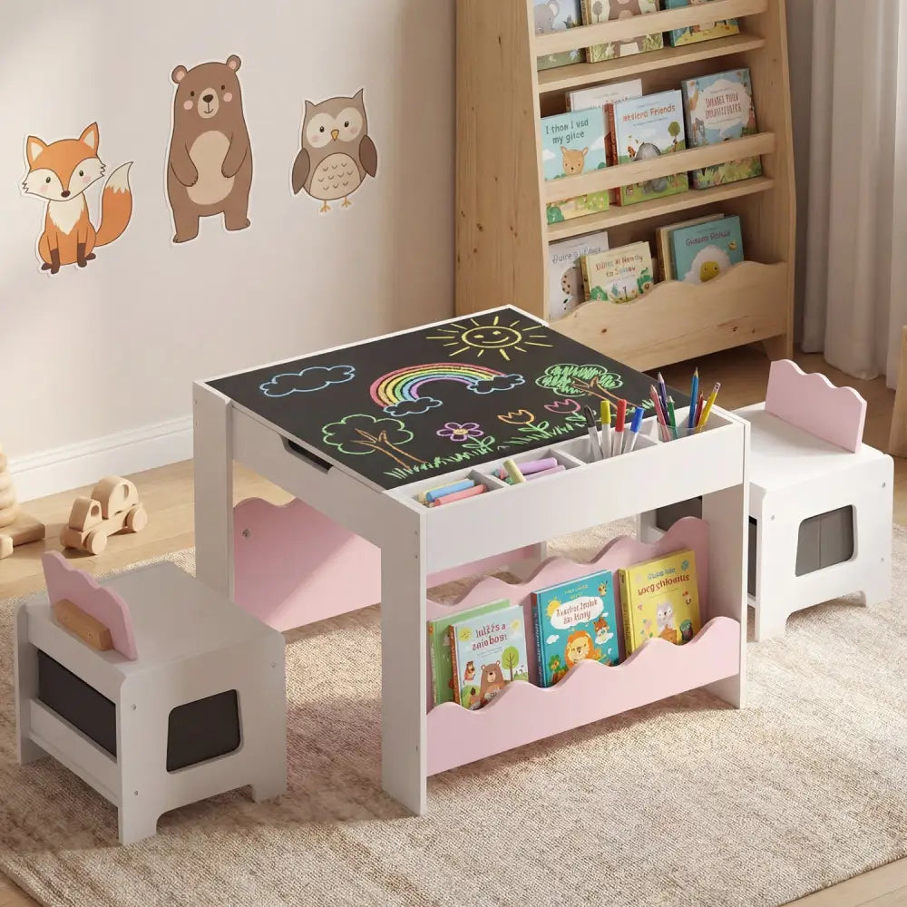 Multi-purpose Activity Kids Table and Chairs Set with Double-sided Tabletop-Pink - Pink - Kids Table & Chair Sets
