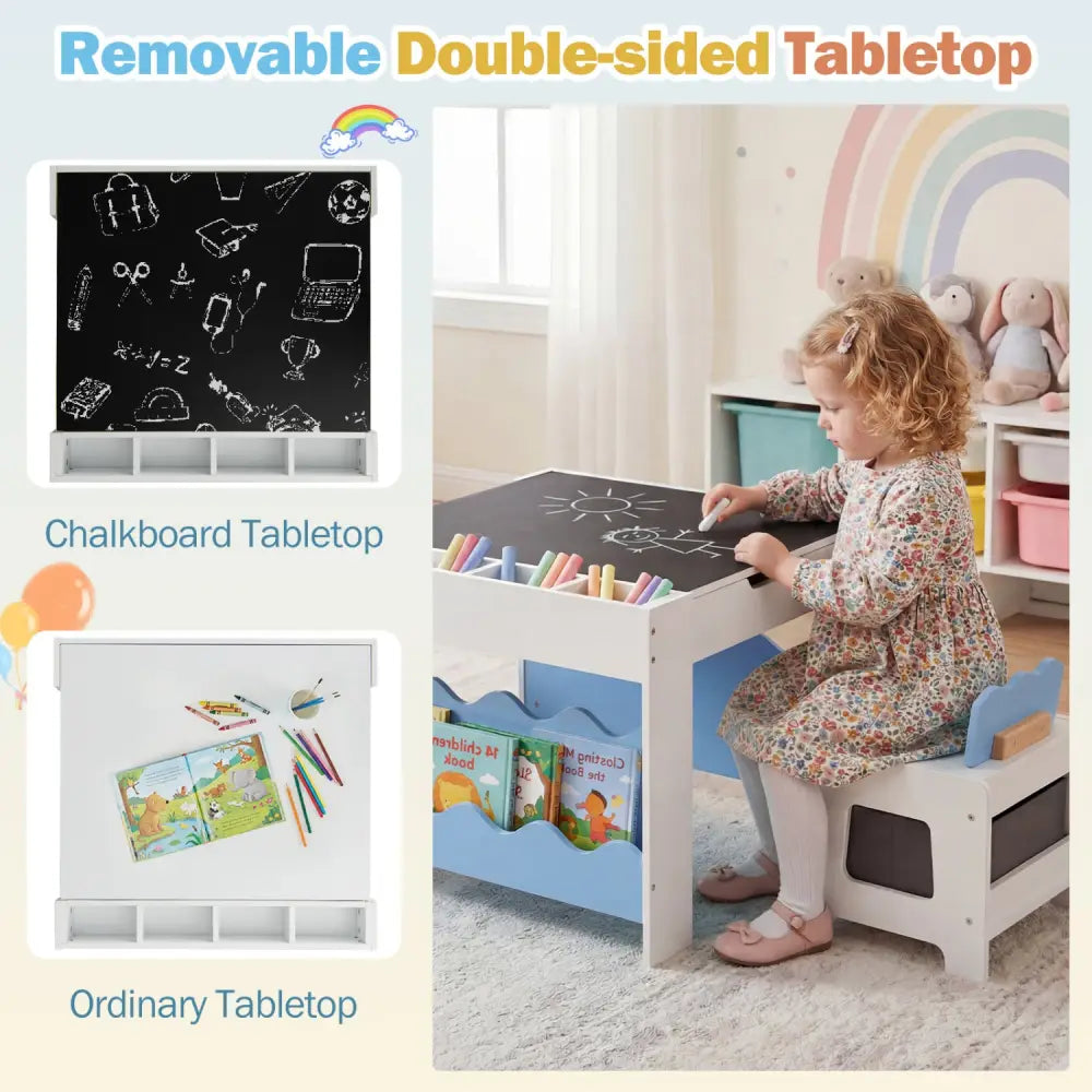 Multi-purpose Activity Kids Table and Chairs Set with Double-sided Tabletop-Blue - Blue - Kids Table & Chair Sets