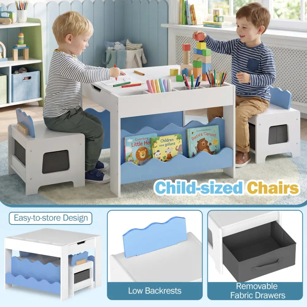 Multi-purpose Activity Kids Table and Chairs Set with Double-sided Tabletop-Blue - Blue - Kids Table & Chair Sets