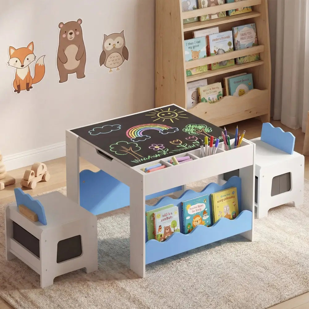 Multi-purpose Activity Kids Table and Chairs Set with Double-sided Tabletop-Blue - Blue - Kids Table & Chair Sets