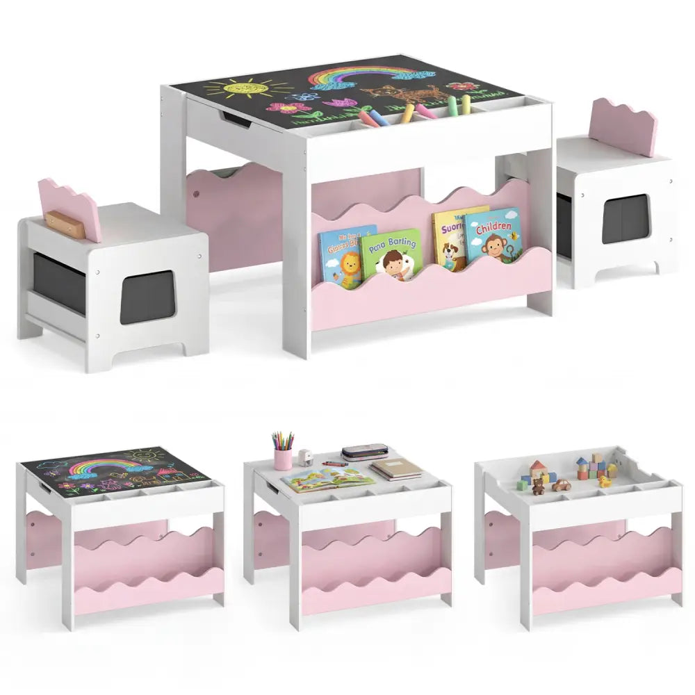 Multi-purpose Activity Kids Table and Chairs Set with Double-sided Tabletop-Pink - Pink - Kids Table & Chair Sets