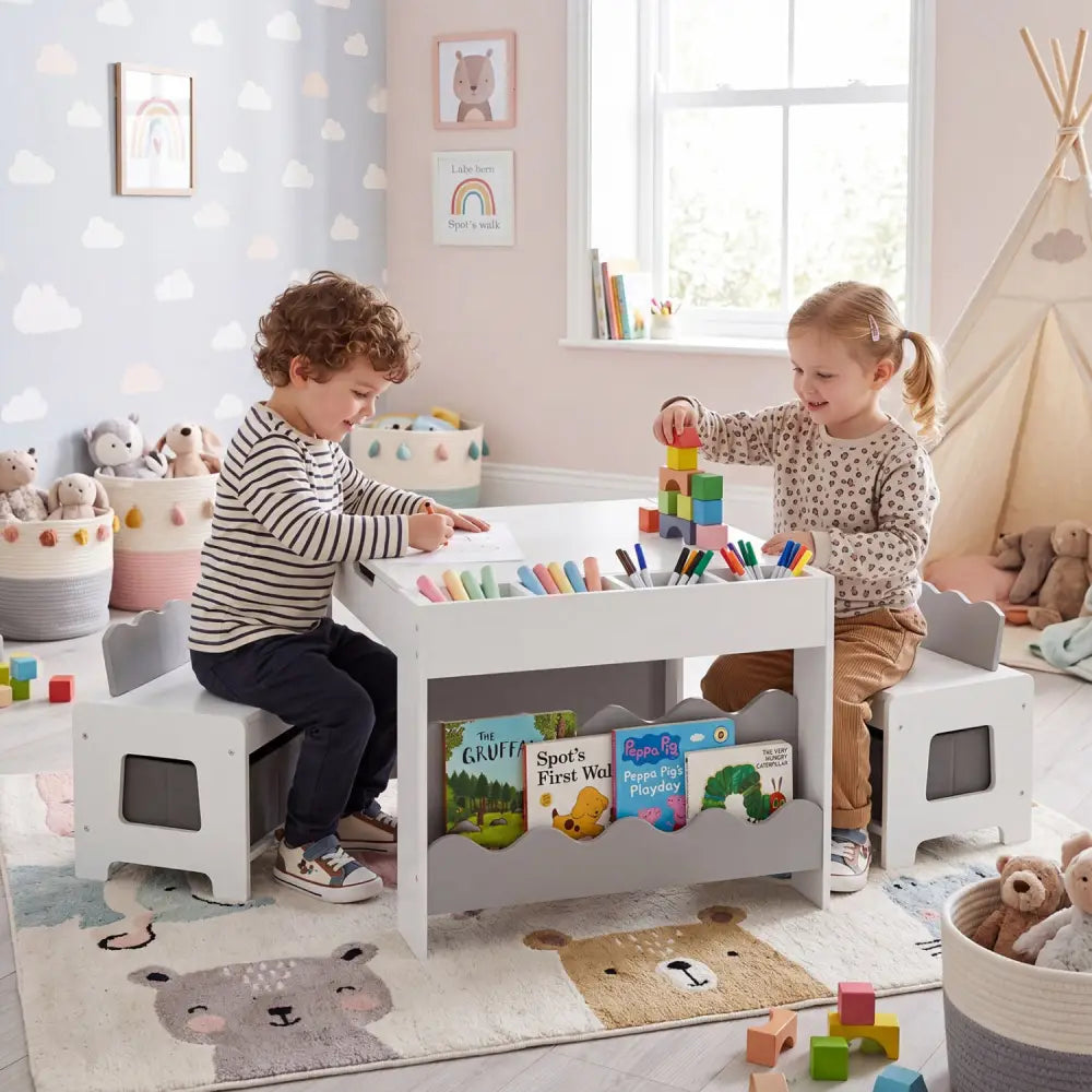 Multi-purpose Activity Kids Table and Chairs Set with Double-sided Tabletop-Gray - Gray - Kids Table & Chair Sets