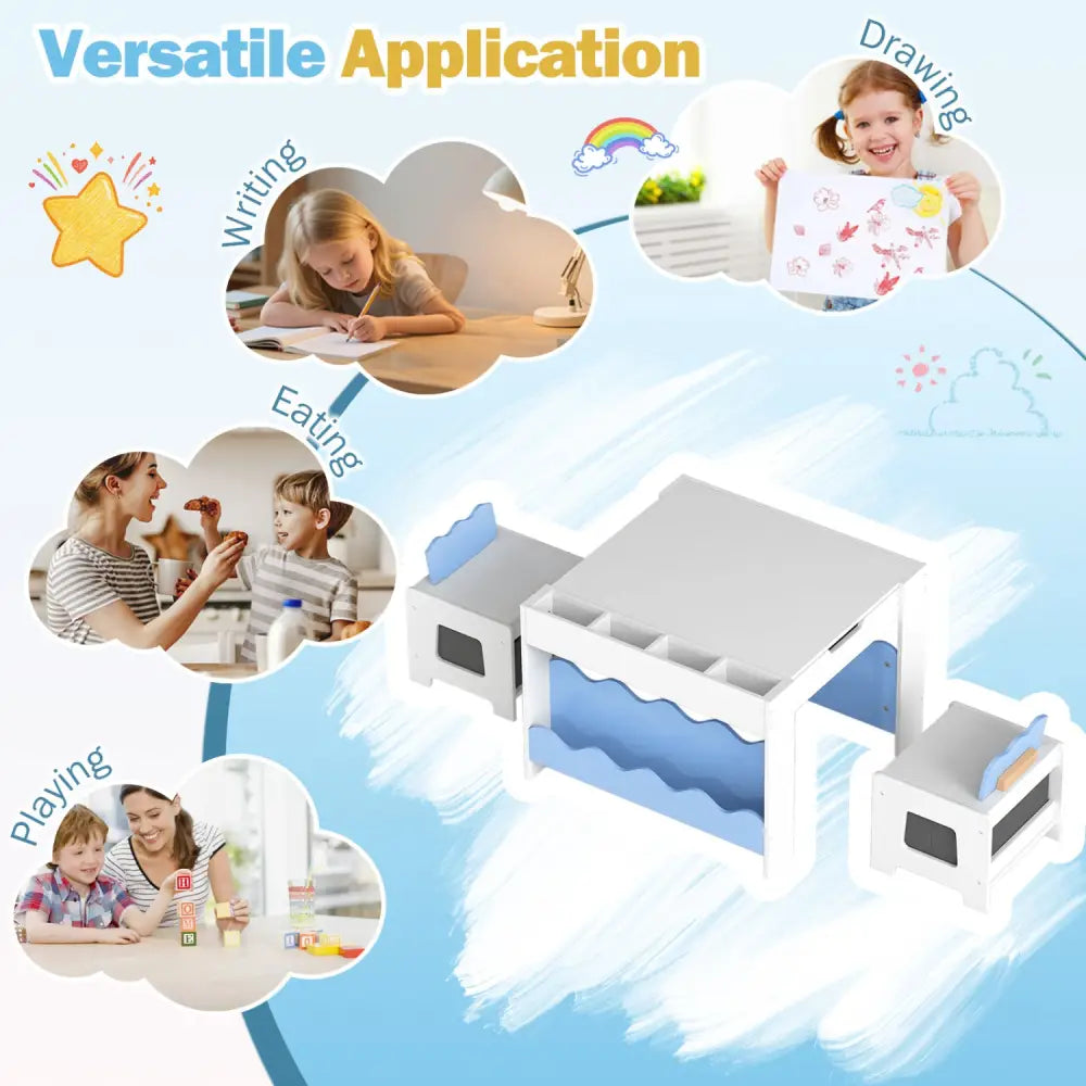 Multi-purpose Activity Kids Table and Chairs Set with Double-sided Tabletop-Blue - Blue - Kids Table & Chair Sets