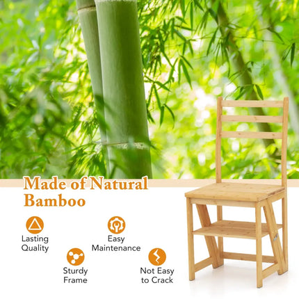 Multifunctional 3-in-1 Ladder Chair Display Plant Stand for Library Kitchen Office-Natural - Natural - Patio Dining