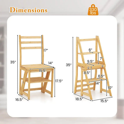 Multifunctional 3-in-1 Ladder Chair Display Plant Stand for Library Kitchen Office-Natural - Natural - Patio Dining