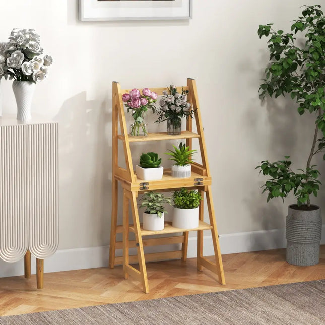 Multifunctional 3-in-1 Ladder Chair Display Plant Stand for Library Kitchen Office-Natural - Natural - Patio Dining