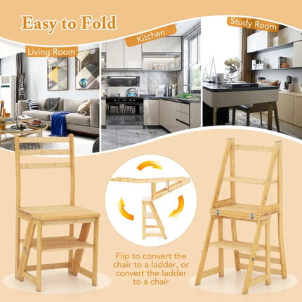 Multifunctional 3-in-1 Ladder Chair Display Plant Stand for Library Kitchen Office-Natural - Natural - Patio Dining