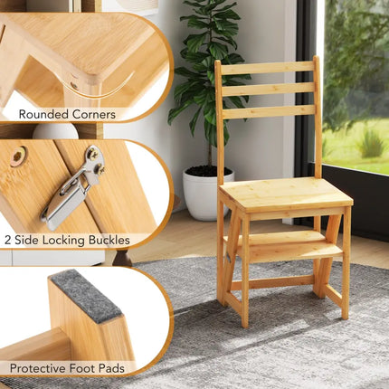 Multifunctional 3-in-1 Ladder Chair Display Plant Stand for Library Kitchen Office-Natural - Natural - Patio Dining