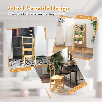 Multifunctional 3-in-1 Ladder Chair Display Plant Stand for Library Kitchen Office-Natural - Natural - Patio Dining