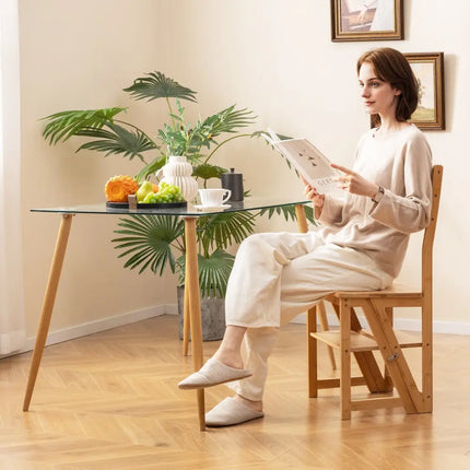 Multifunctional 3-in-1 Ladder Chair Display Plant Stand for Library Kitchen Office-Natural - Natural - Patio Dining