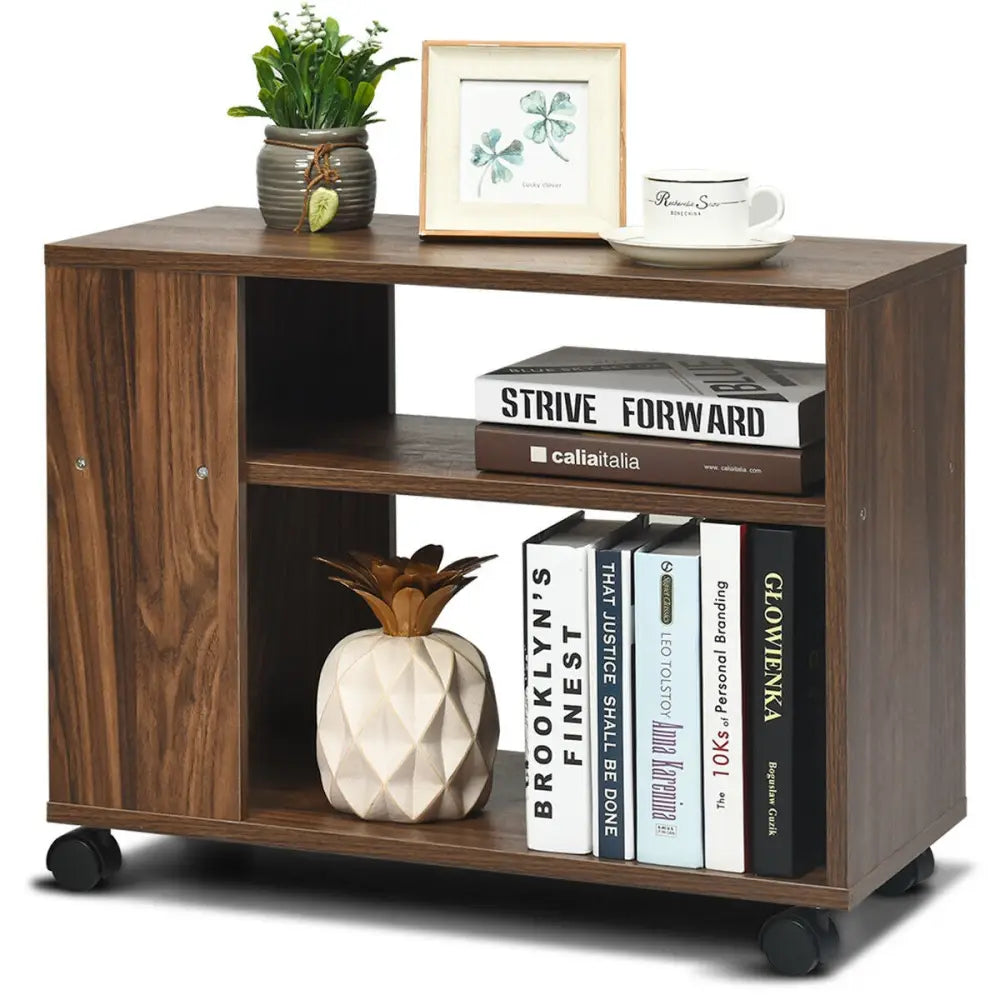Multifunctional 3-Tier Side Table with Wheels and Large Storage Shelf - Brown - End & Side Tables