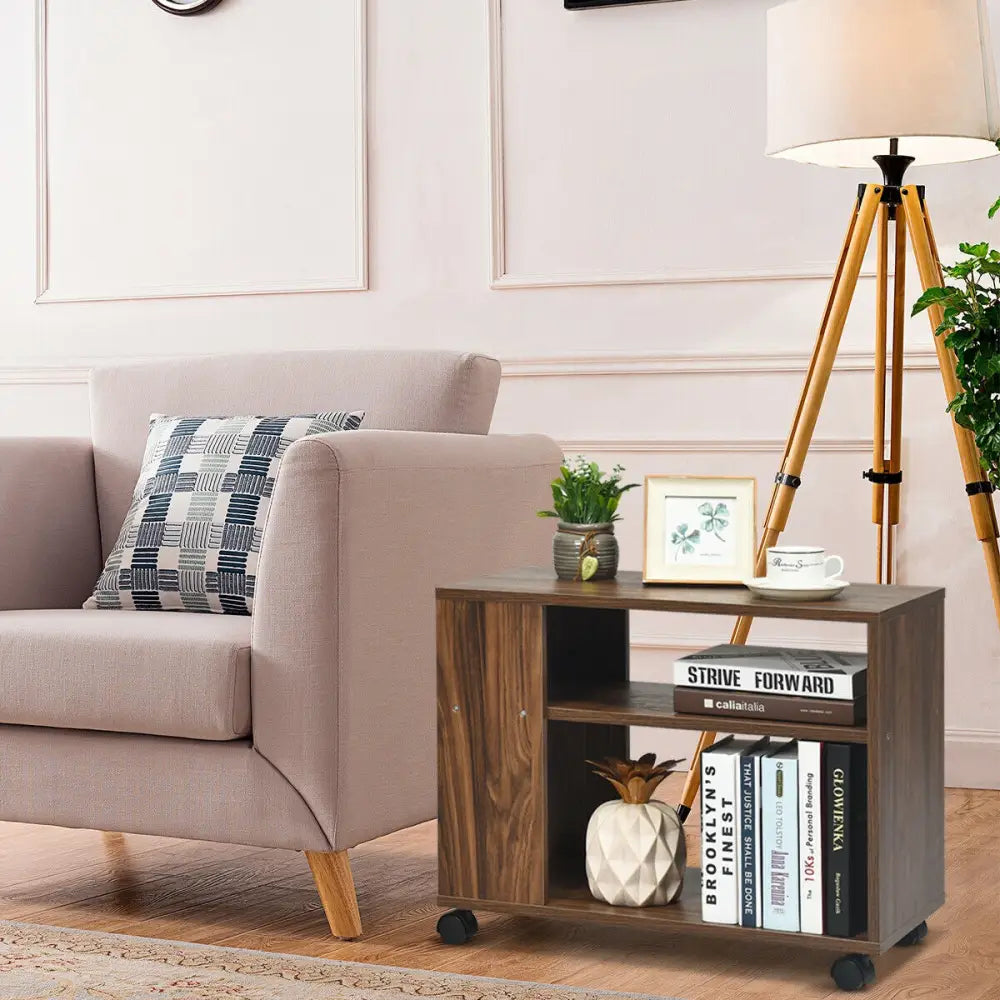 Multifunctional 3-Tier Side Table with Wheels and Large Storage Shelf - Brown - End & Side Tables