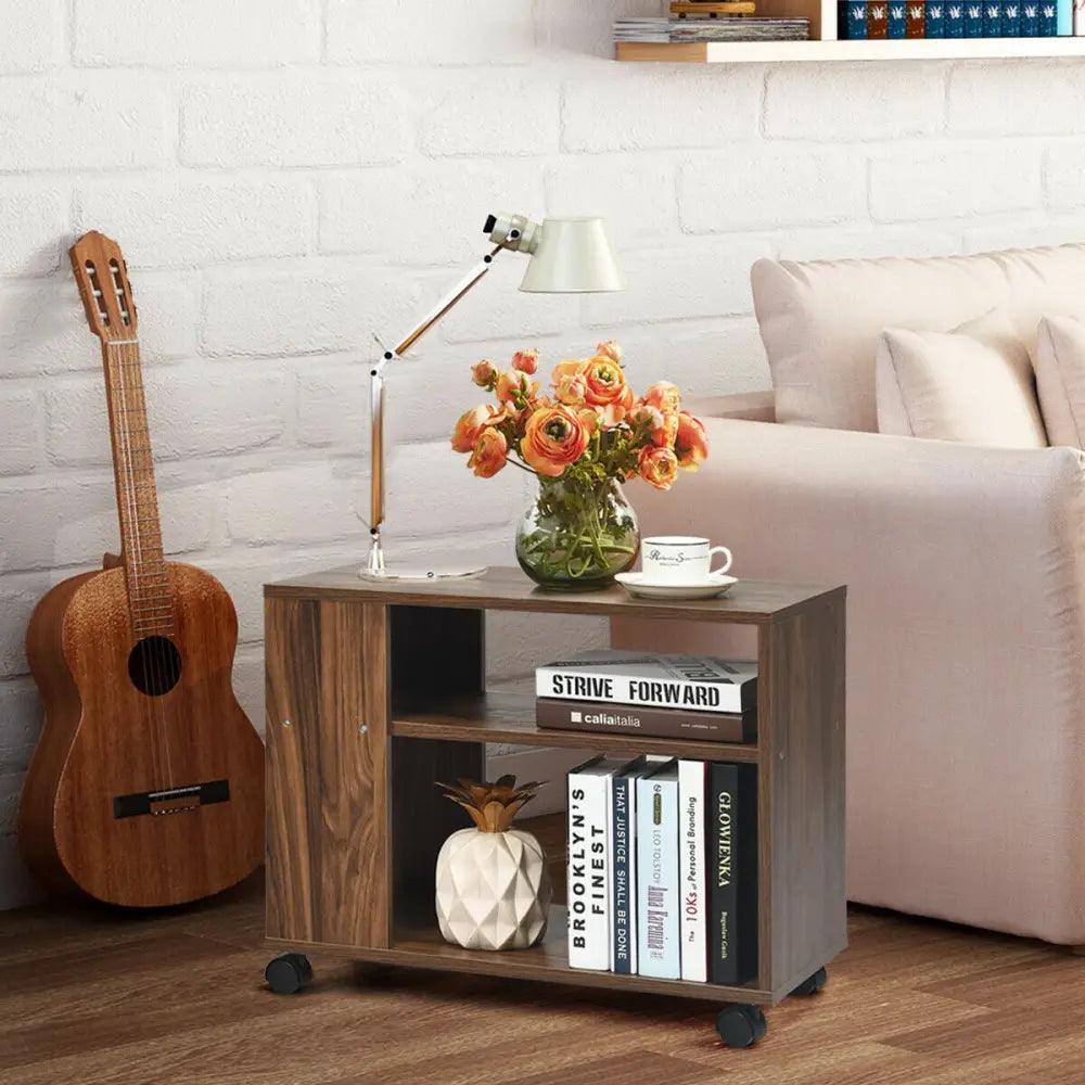 Multifunctional 3-Tier Side Table with Wheels and Large Storage Shelf - Brown - End & Side Tables