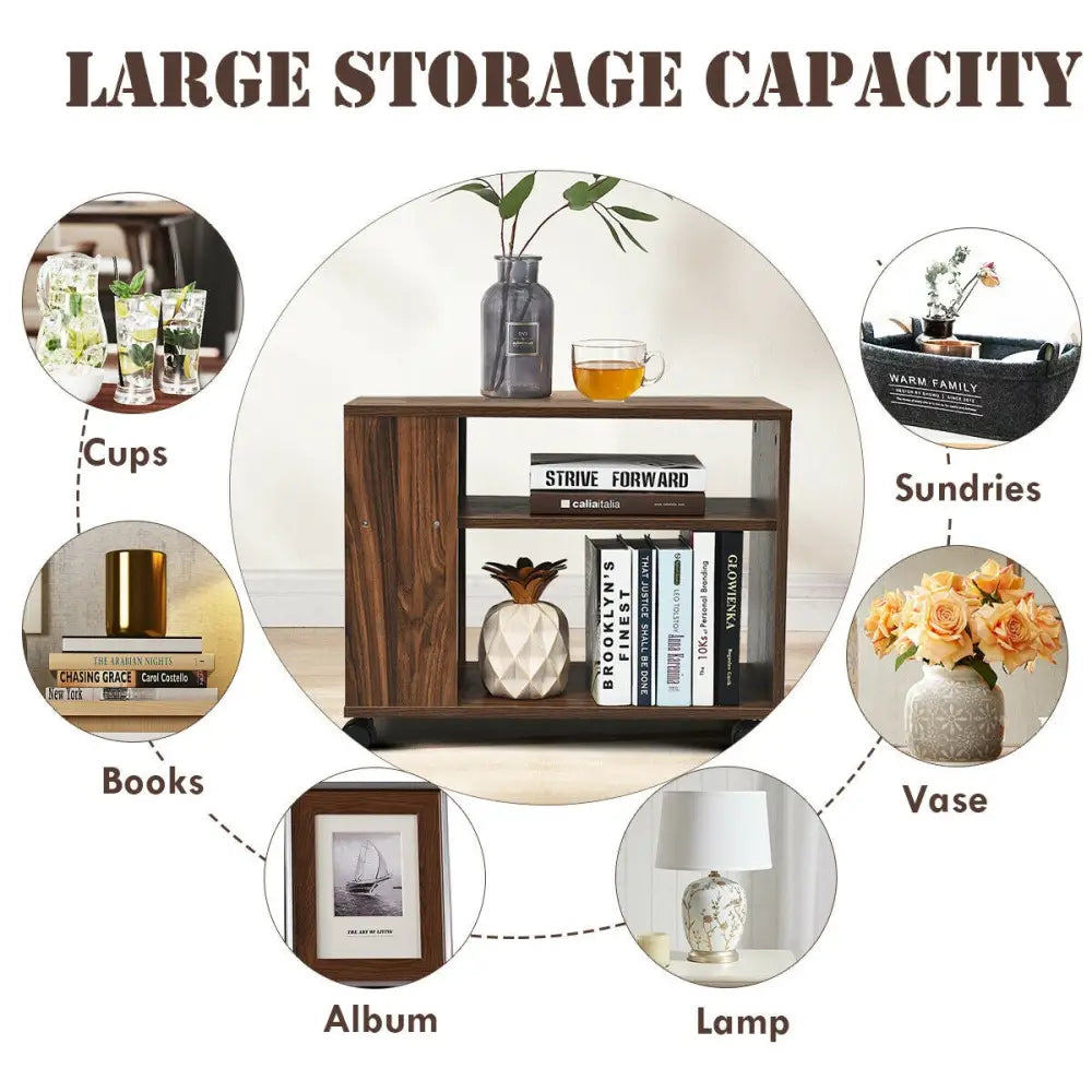 Multifunctional 3-Tier Side Table with Wheels and Large Storage Shelf - Brown - End & Side Tables