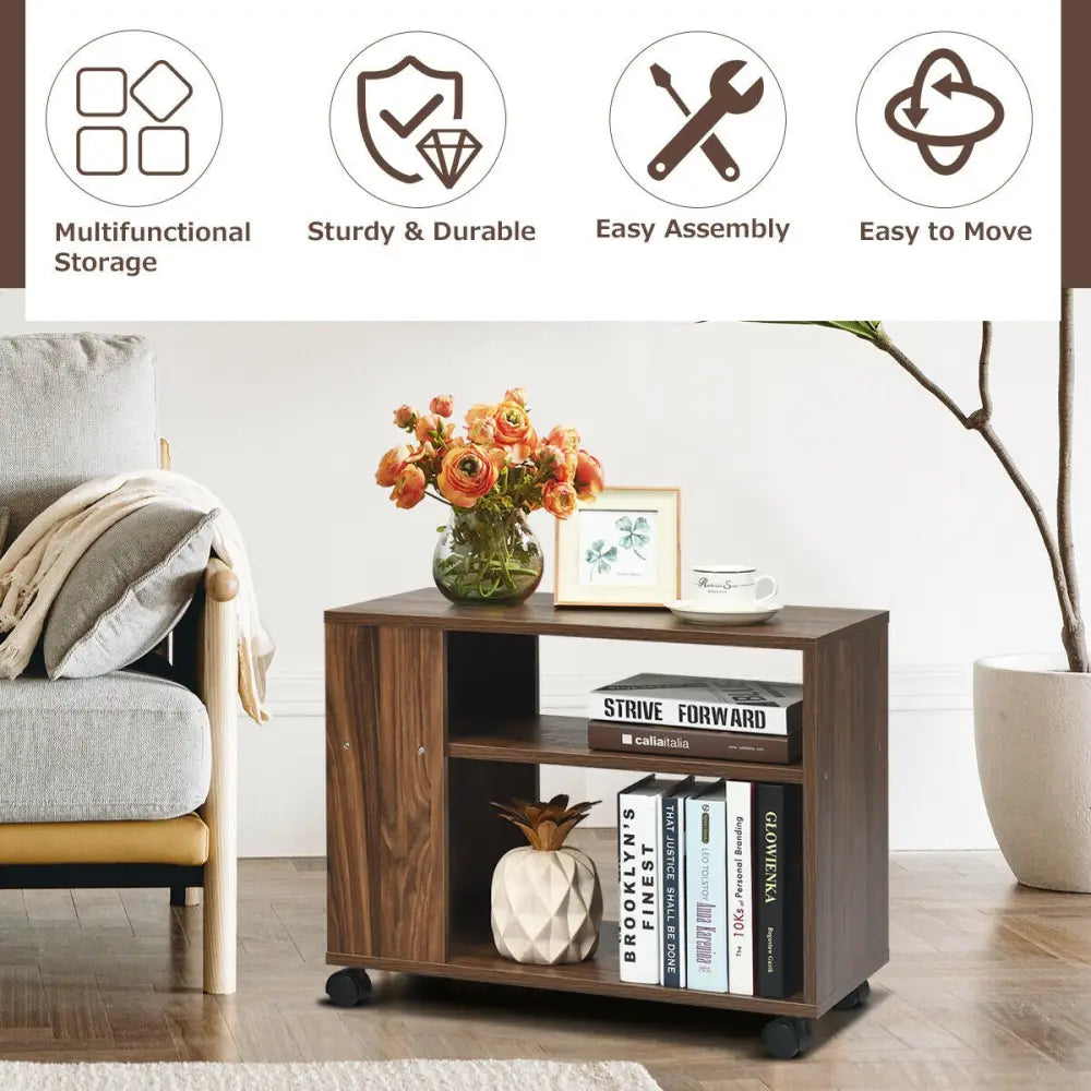 Multifunctional 3-Tier Side Table with Wheels and Large Storage Shelf - Brown - End & Side Tables