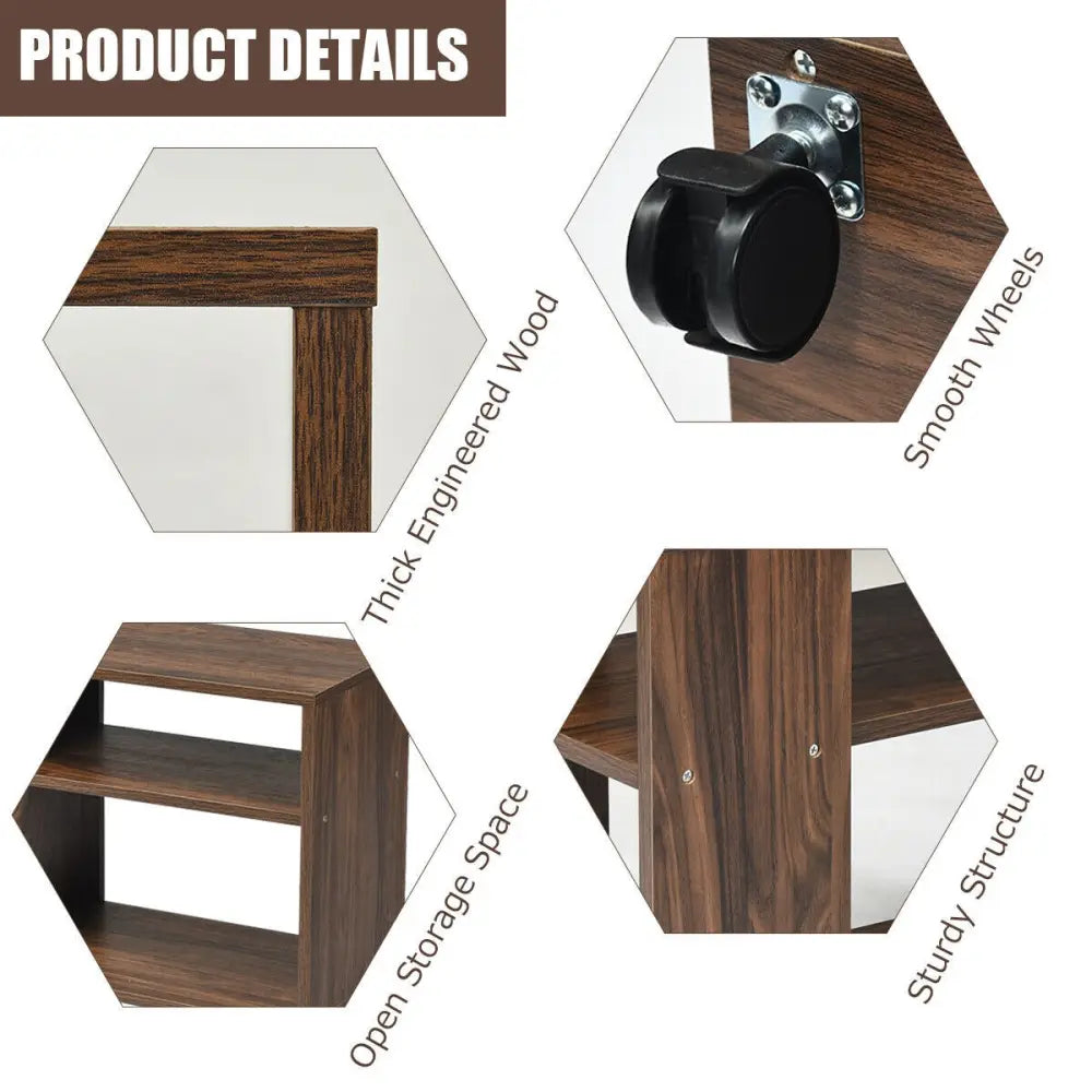 Multifunctional 3-Tier Side Table with Wheels and Large Storage Shelf - Brown - End & Side Tables