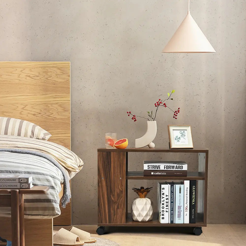 Multifunctional 3-Tier Side Table with Wheels and Large Storage Shelf - Brown - End & Side Tables