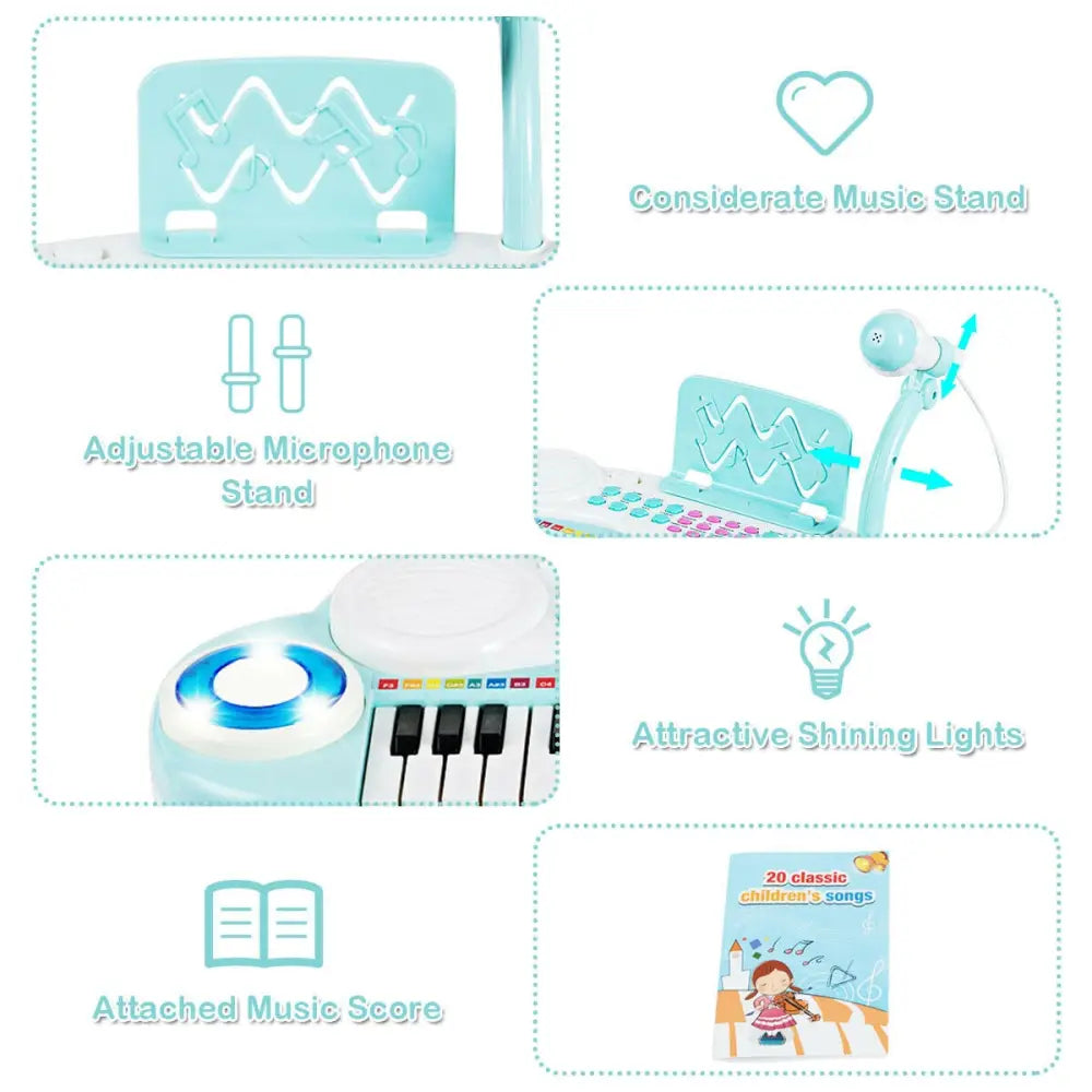 Multifunctional 37 Electric Keyboard Piano with Microphone-Blue - Blue - Pianos & Keyboards