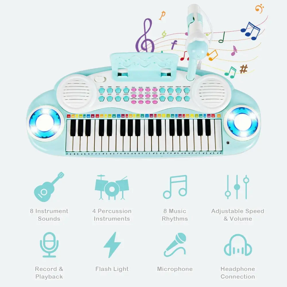 Multifunctional 37 Electric Keyboard Piano with Microphone-Blue - Blue - Pianos & Keyboards