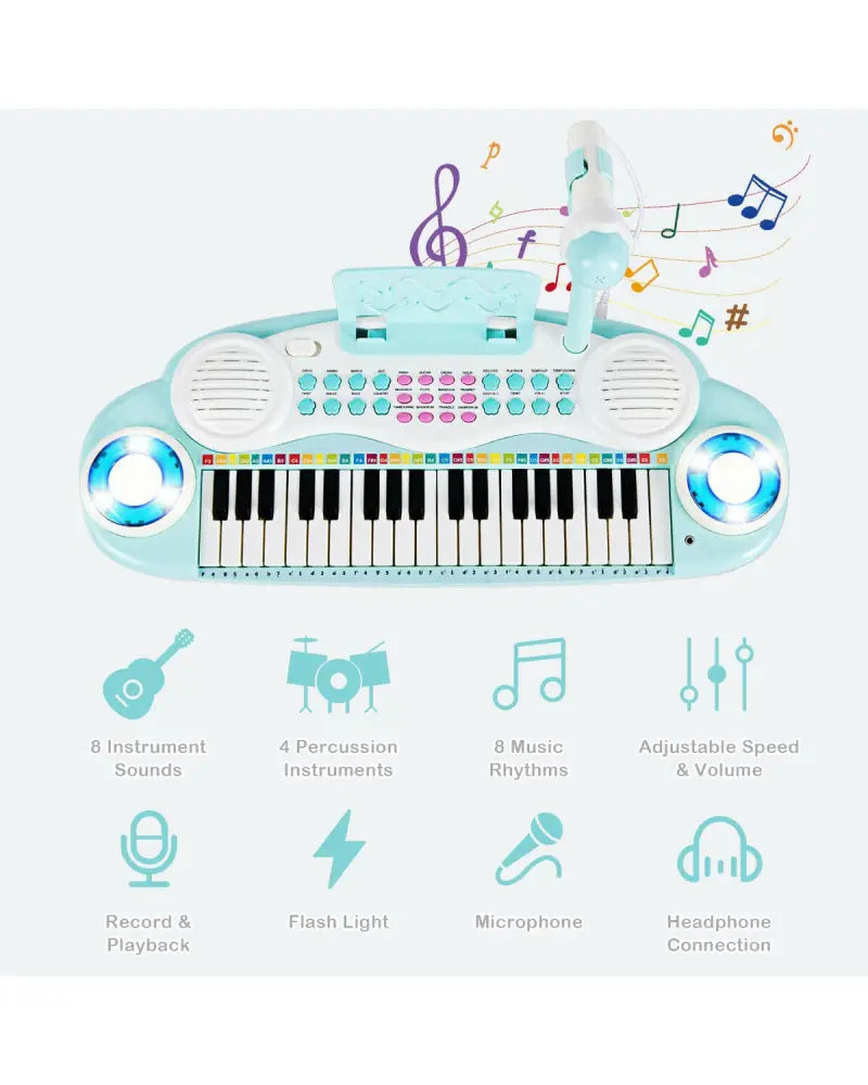 Multifunctional 37 Electric Keyboard Piano with Microphone-Blue - Blue - Pianos & Keyboards