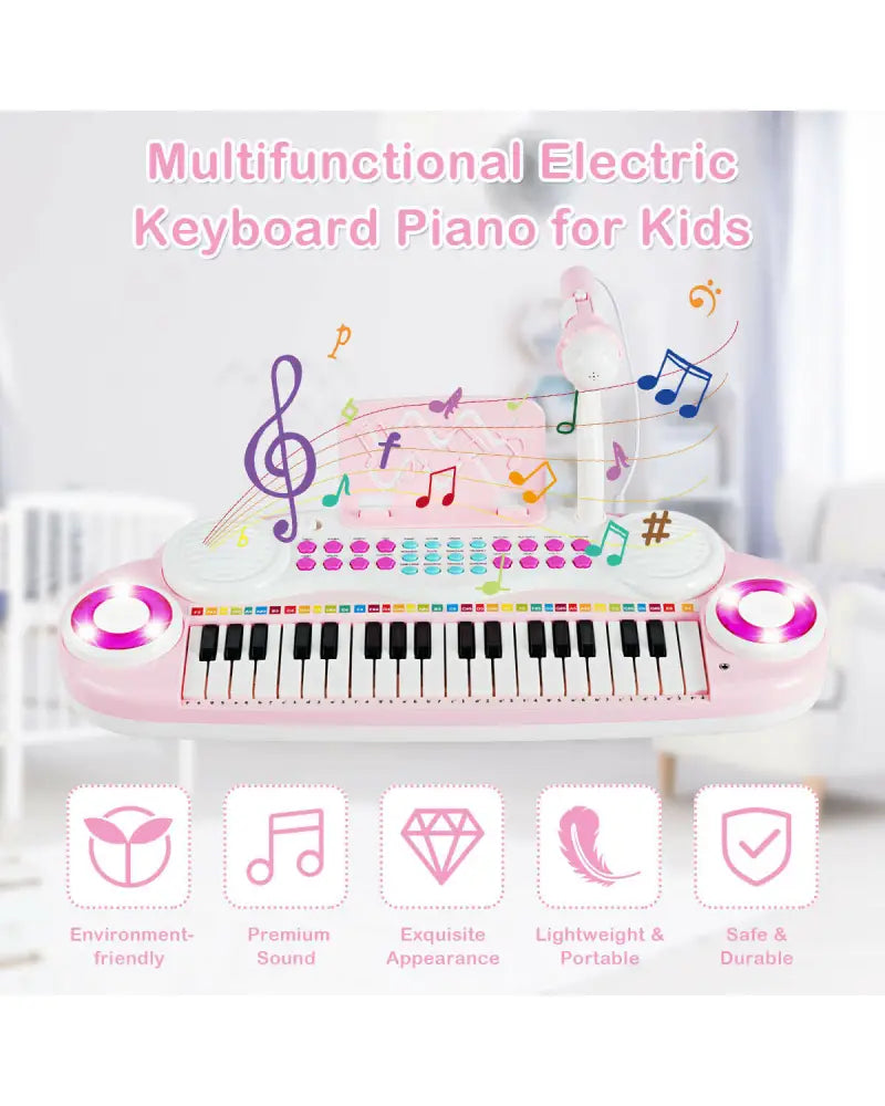 Multifunctional 37 Electric Keyboard Piano with Microphone-Pink - Pink - Pianos & Keyboards