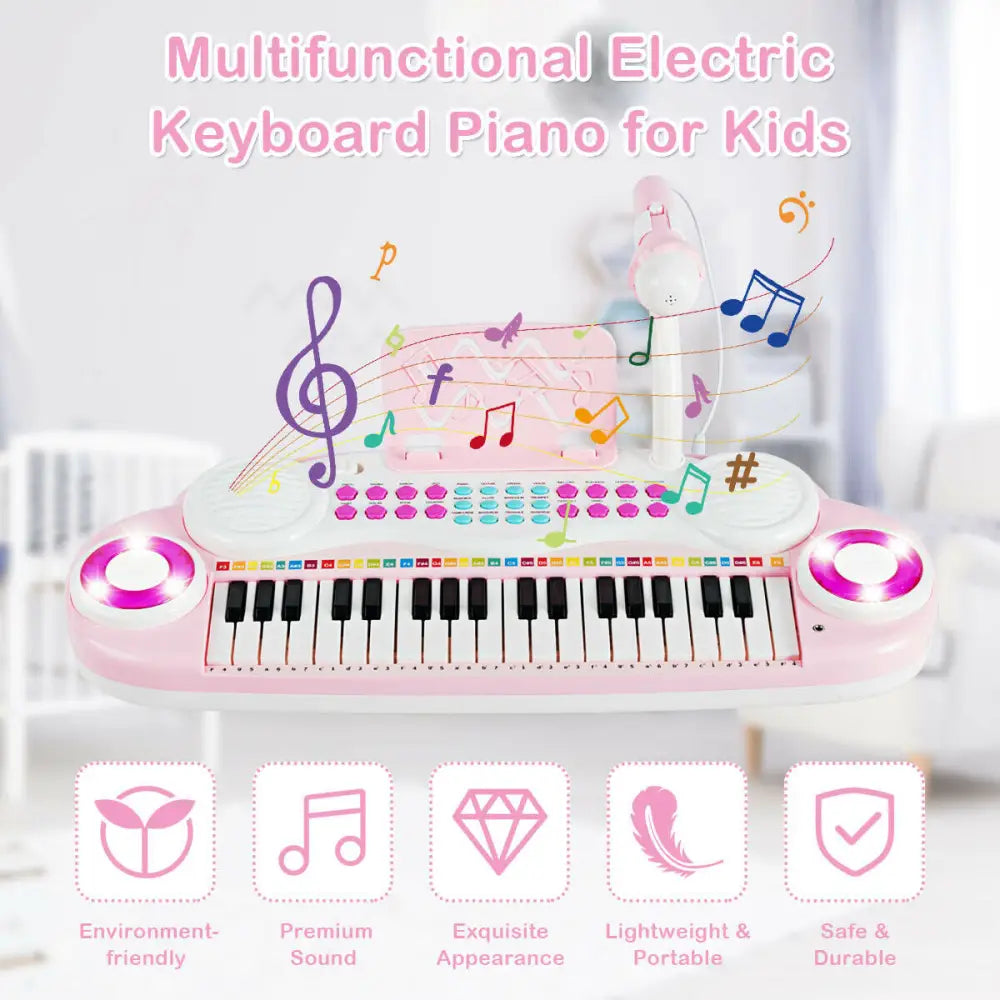 Multifunctional 37 Electric Keyboard Piano with Microphone-Pink - Pink - Pianos & Keyboards