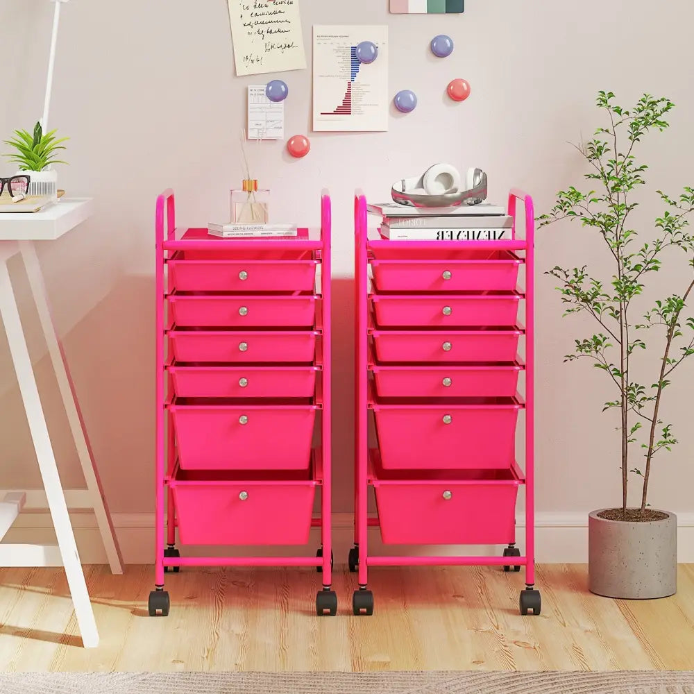 Multifunctional 6 Drawers Rolling Storage Cart Organizer-Rose Red - Rose Red - File Cabinets