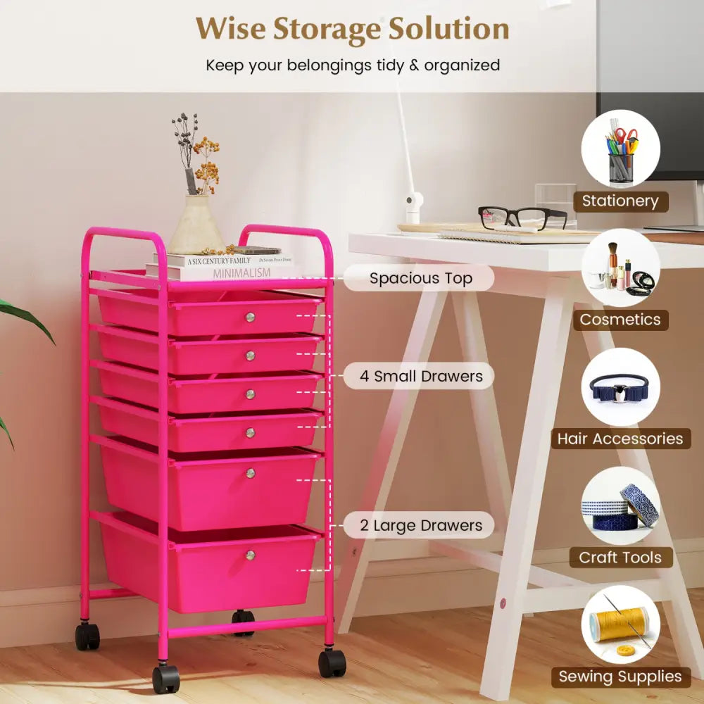 Multifunctional 6 Drawers Rolling Storage Cart Organizer-Rose Red - Rose Red - File Cabinets