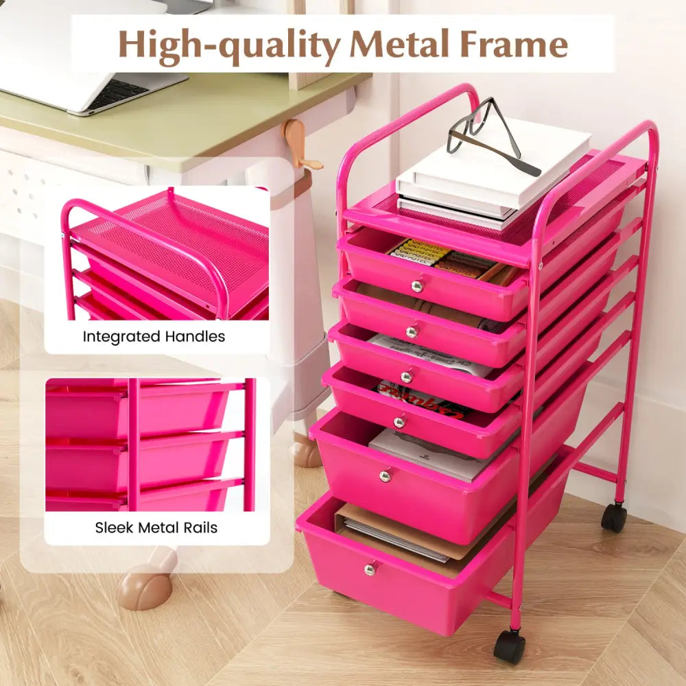 Multifunctional 6 Drawers Rolling Storage Cart Organizer-Rose Red - Rose Red - File Cabinets