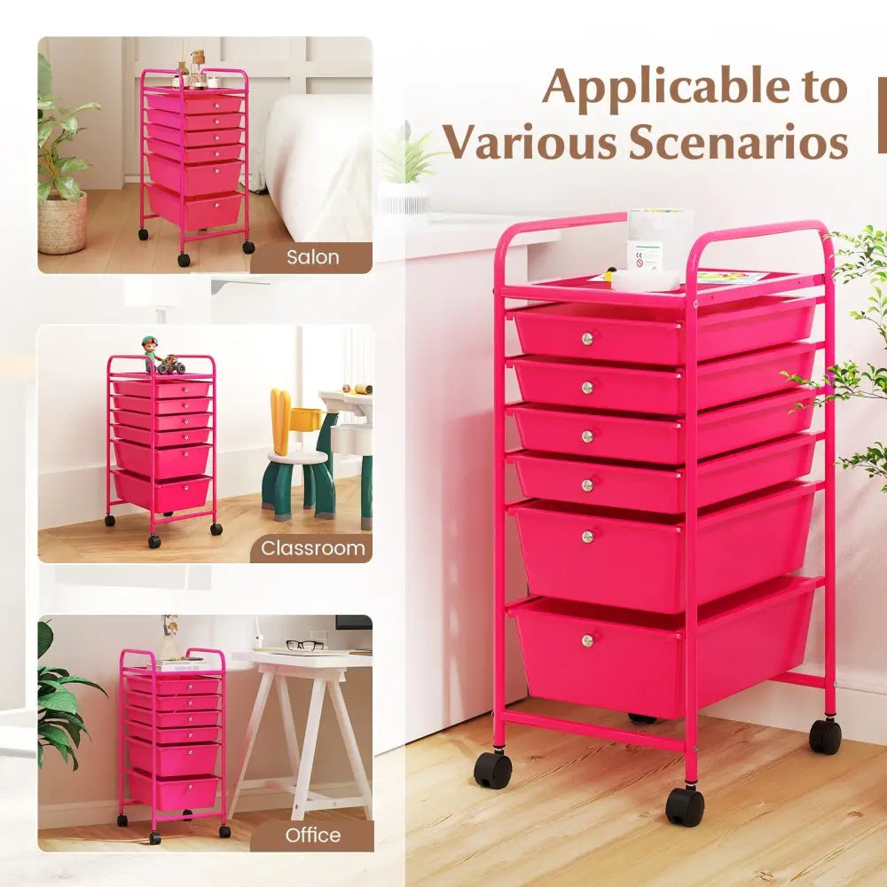 Multifunctional 6 Drawers Rolling Storage Cart Organizer-Rose Red - Rose Red - File Cabinets