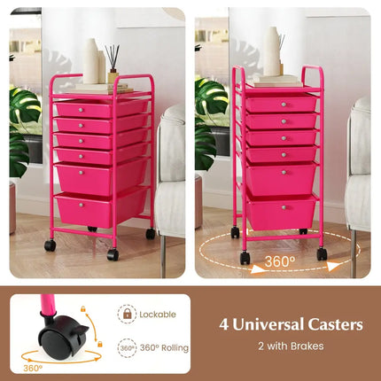 Multifunctional 6 Drawers Rolling Storage Cart Organizer-Rose Red - Rose Red - File Cabinets