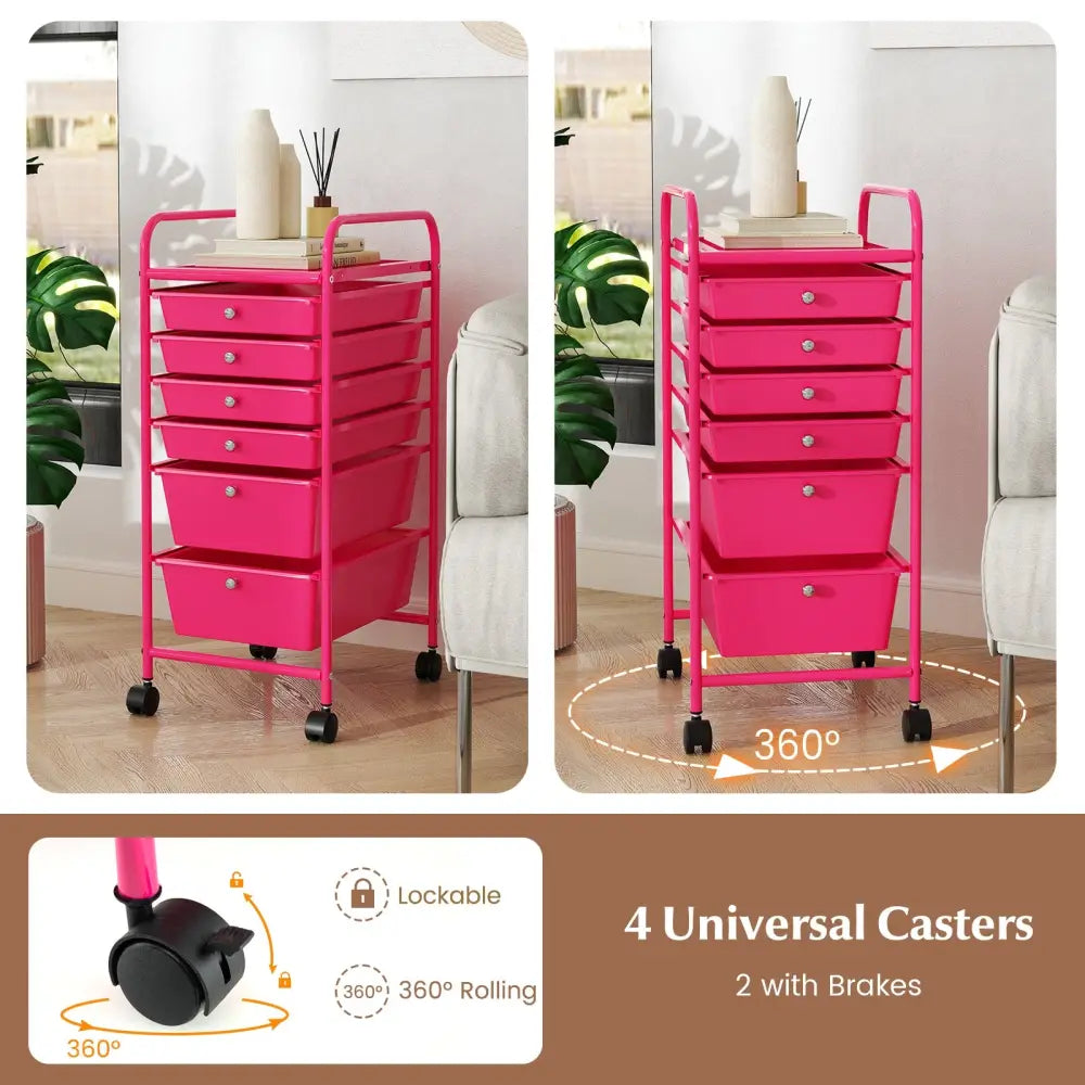Multifunctional 6 Drawers Rolling Storage Cart Organizer-Rose Red - Rose Red - File Cabinets