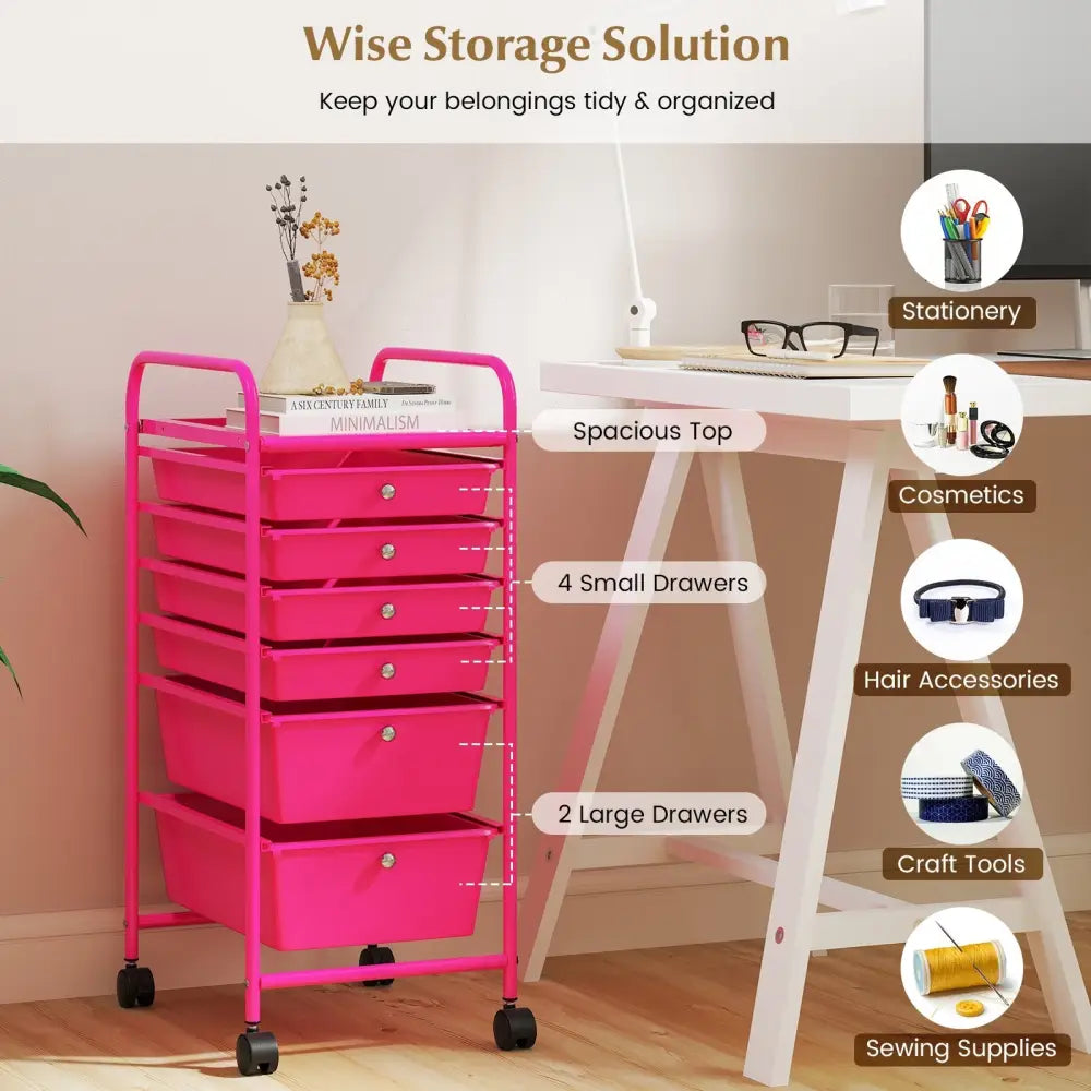 Multifunctional 6 Drawers Rolling Storage Cart Organizer-Rose Red - Rose Red - File Cabinets