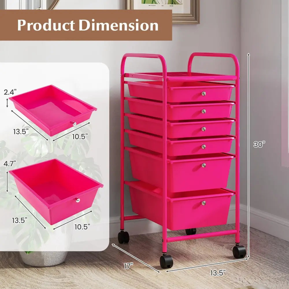 Multifunctional 6 Drawers Rolling Storage Cart Organizer-Rose Red - Rose Red - File Cabinets