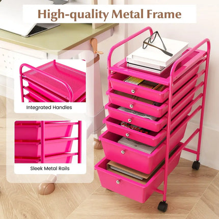 Multifunctional 6 Drawers Rolling Storage Cart Organizer-Rose Red - Rose Red - File Cabinets
