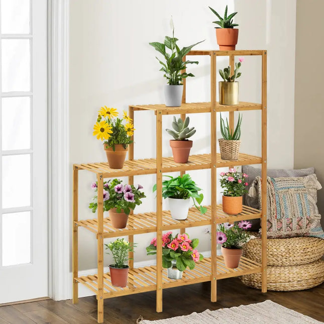 Multifunctional Bamboo Plant Shelf Display Organizer - Natural - Plant Stands