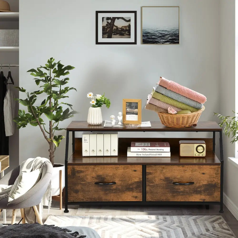 Multifunctional Dresser Organizer with 2 Storage Drawer and Open Shelves-Rustic Brown - Rustic Brown - Entertainment