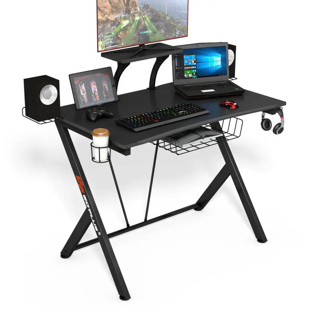 Multifunctional E-Sport Gaming Desk with Headset Hook and Cup Holder - Black - Gaming Desks