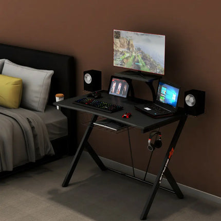 Multifunctional E-Sport Gaming Desk with Headset Hook and Cup Holder - Black - Gaming Desks
