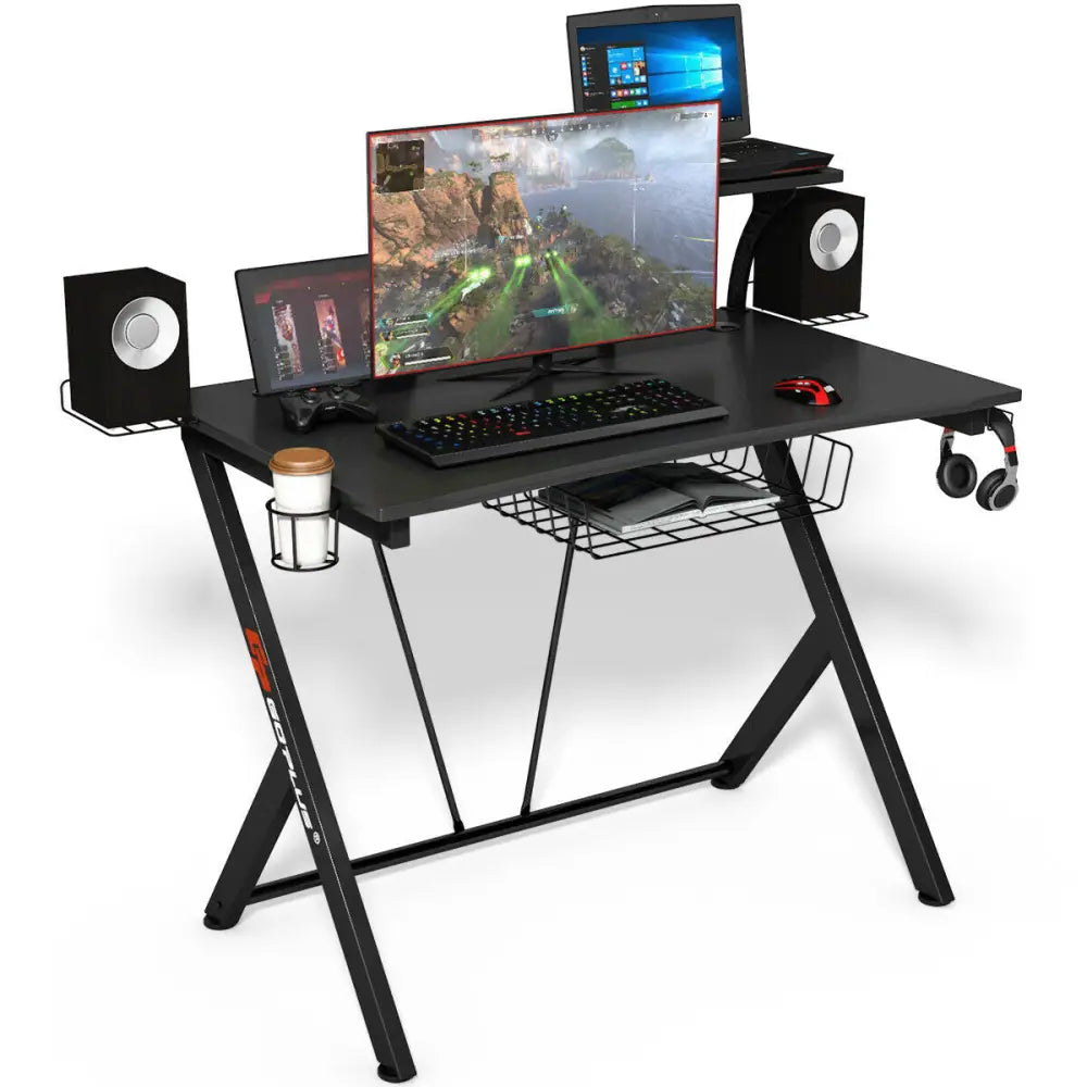 Multifunctional E-Sport Gaming Desk with Headset Hook and Cup Holder - Black - Gaming Desks