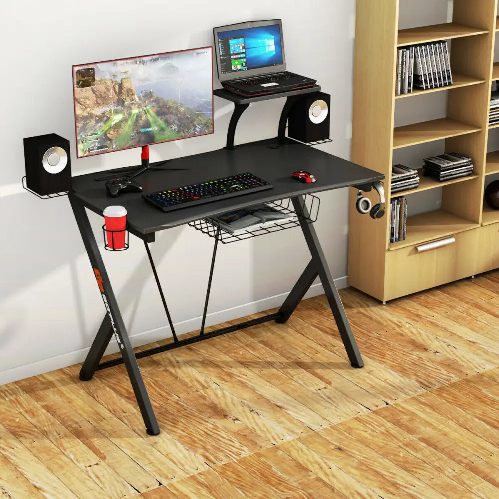 Multifunctional E-Sport Gaming Desk with Headset Hook and Cup Holder - Black - Gaming Desks