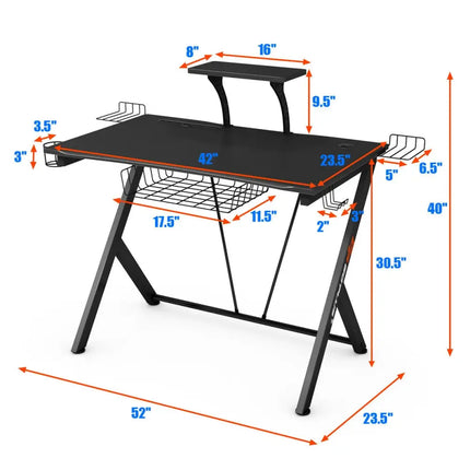 Multifunctional E-Sport Gaming Desk with Headset Hook and Cup Holder - Black - Gaming Desks