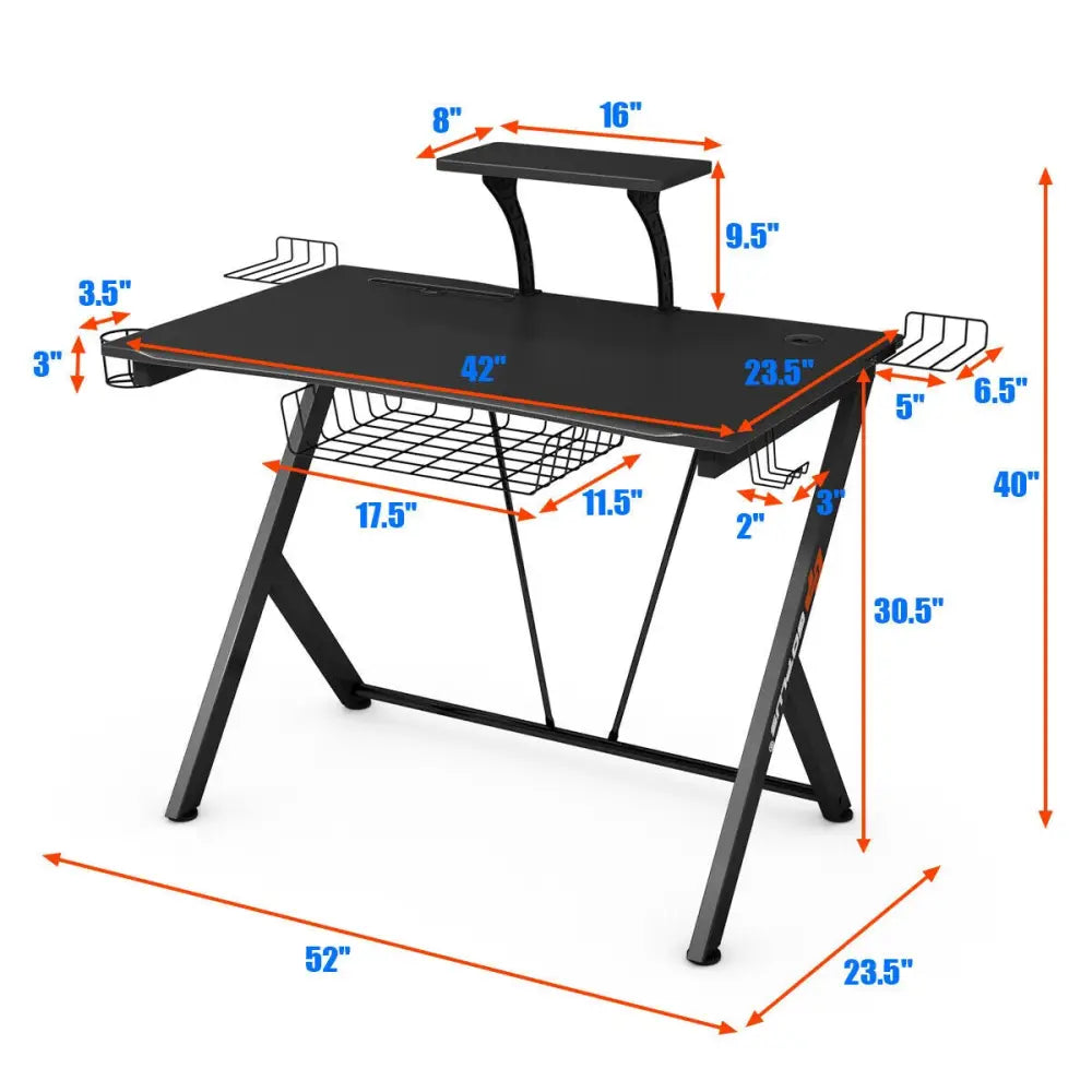 Multifunctional E-Sport Gaming Desk with Headset Hook and Cup Holder - Black - Gaming Desks