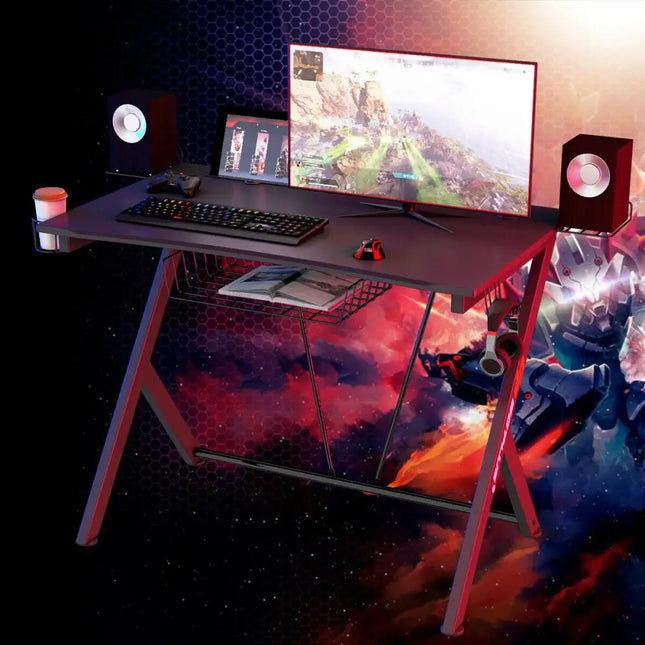 Multifunctional E-Sport Gaming Desk with Headset Hook and Cup Holder - Black - Gaming Desks